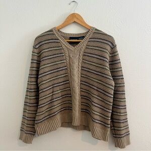 Vintage Liz Claiborne Striped Sweater Cable Knit Lizsport V-Neck Size Petite L